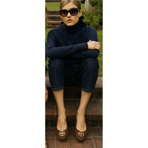 Tory Burch Brown Leather Flats with Metallic Logo Size 8